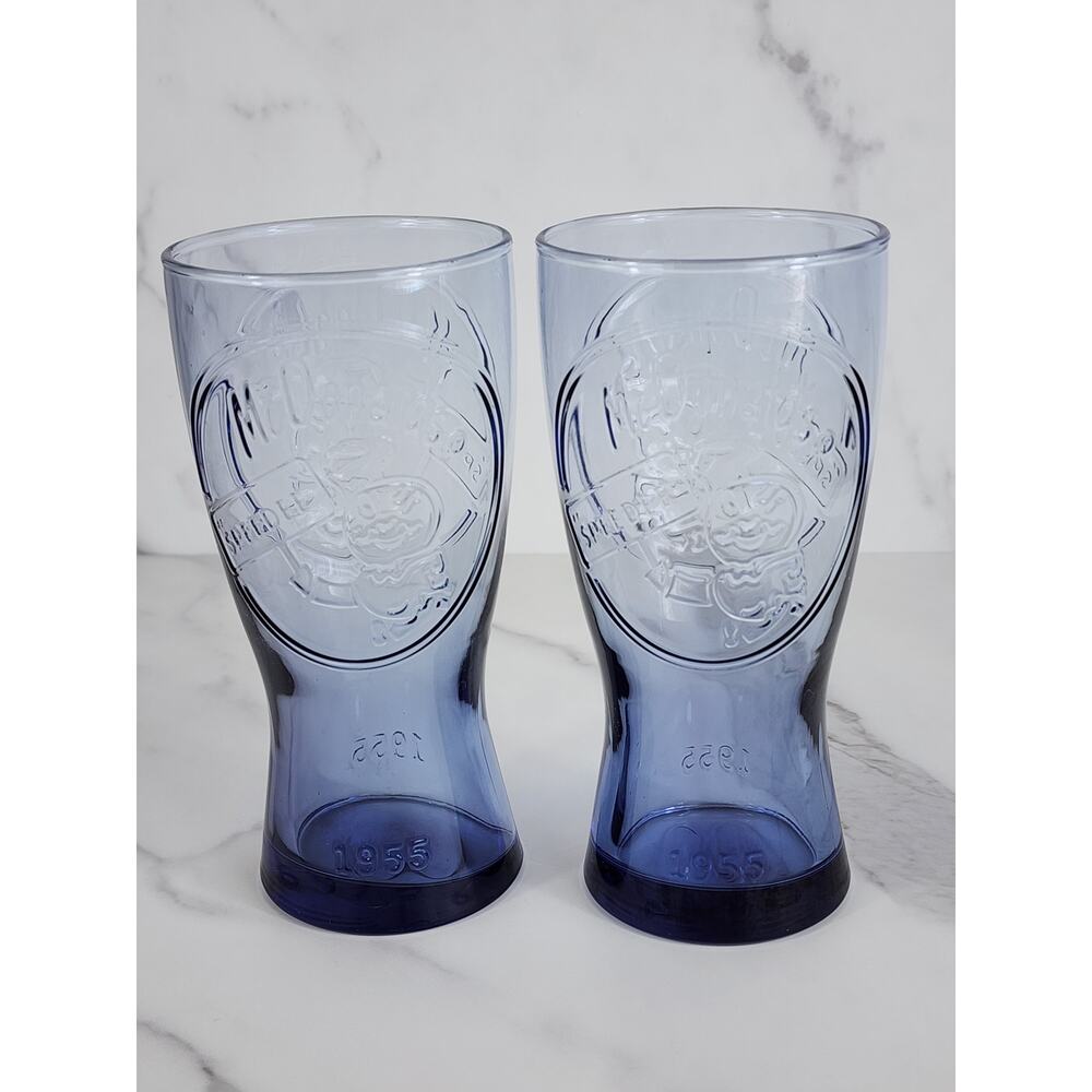 McDonald's Blue Glasses Tumbler 16oz Tall Glass 1955 Speedee 6 3/4" Glassware x2